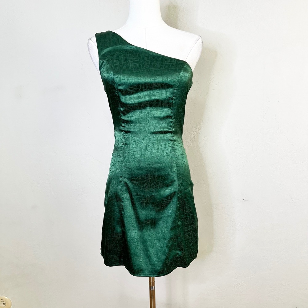 Lulus Mini Dress One Shoulder Size XS Green Textured Satin Sheath Cocktail‎
